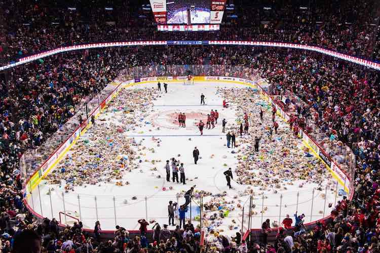 plushie-kindness-confetti:-hockey-team’s-teddy-bear-toss-collects-80,000-stuffed-animals-with-help-from-local-teen